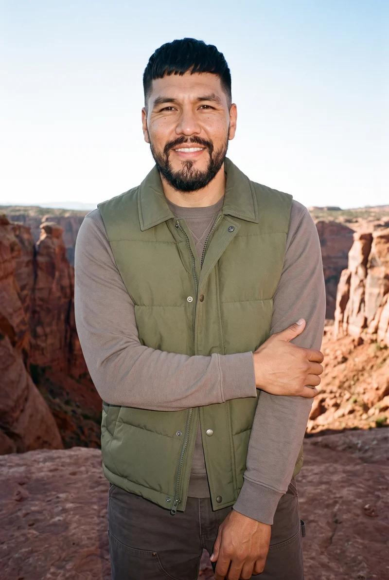 Men's Olive Gilet, Three-quarter length at Three-quarter, Clean Catalog lighting