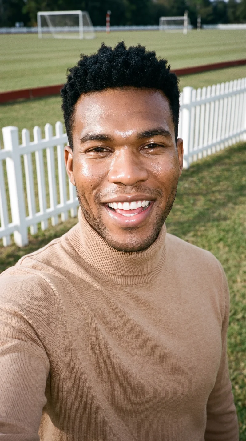 A 28-year-old African man wears a camel roll-neck in a front-view selfie. He tilts his head and laughs, with a polo field backdrop.