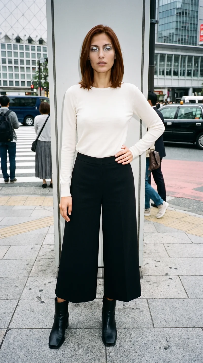 A 26-year-old Caucasian woman models black culottes in a full-body front view, with one hand on her hip and a neutral expression. A Tokyo Crossing backdrop is shown behind her.