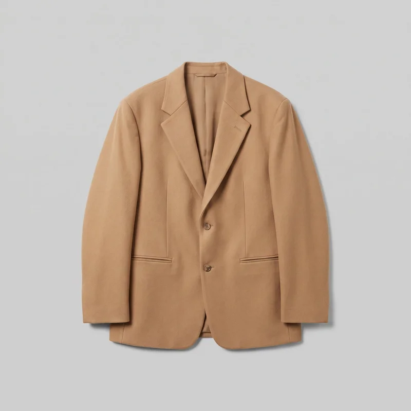 A camel oversized single-breasted blazer is shown in a mostly complete front view without a visible body form. It has structured shoulders, long straight sleeves, notched lapels, two front buttons, vertical shaping seams, and two lower welt pockets. The open front reveals the interior facing and lining, while the curved front hem is visible.