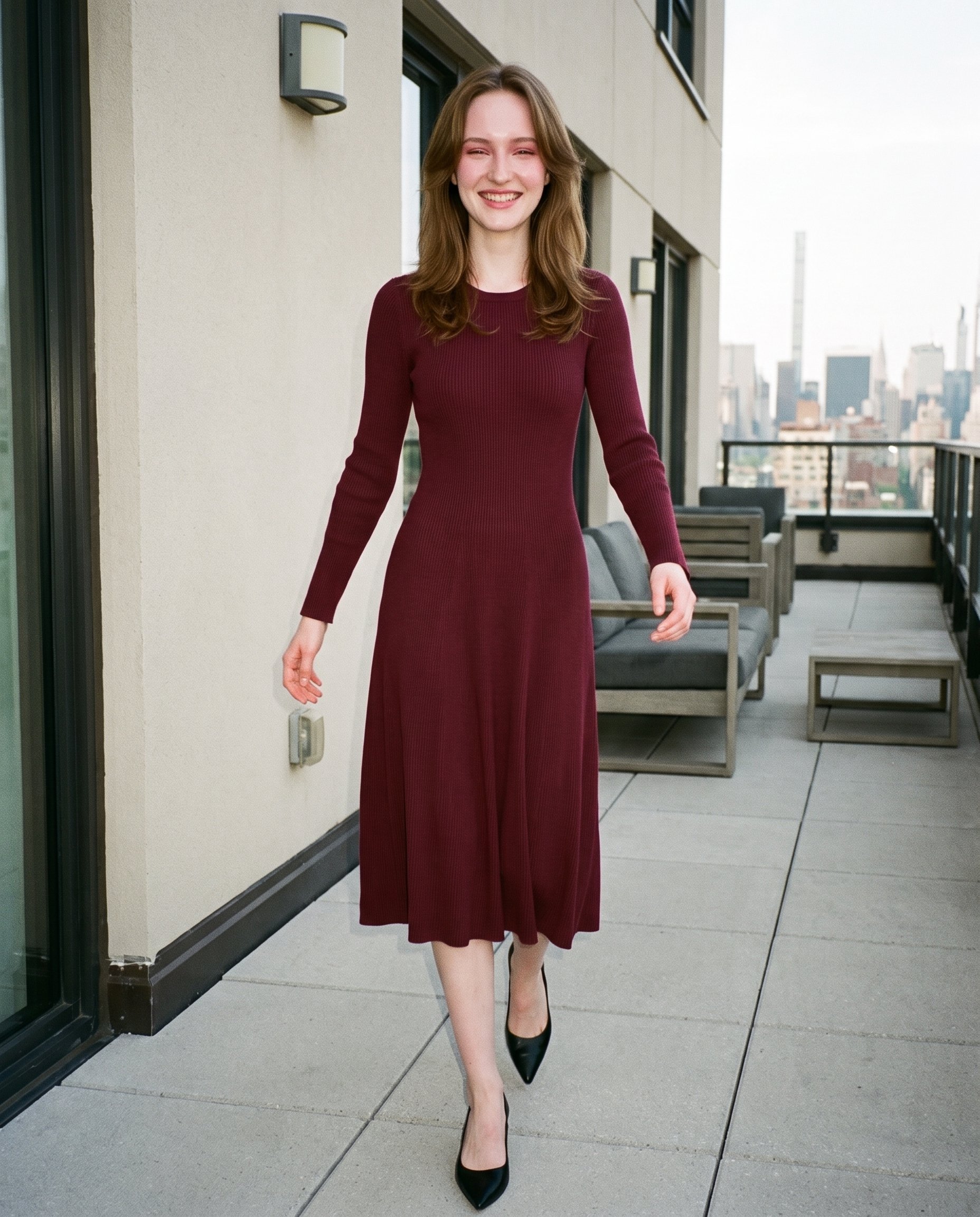 A 19-year-old Slavic woman is shown full body from the front while walking in a burgundy knit midi dress. Her natural facial expression is visible against a penthouse terrace backdrop.