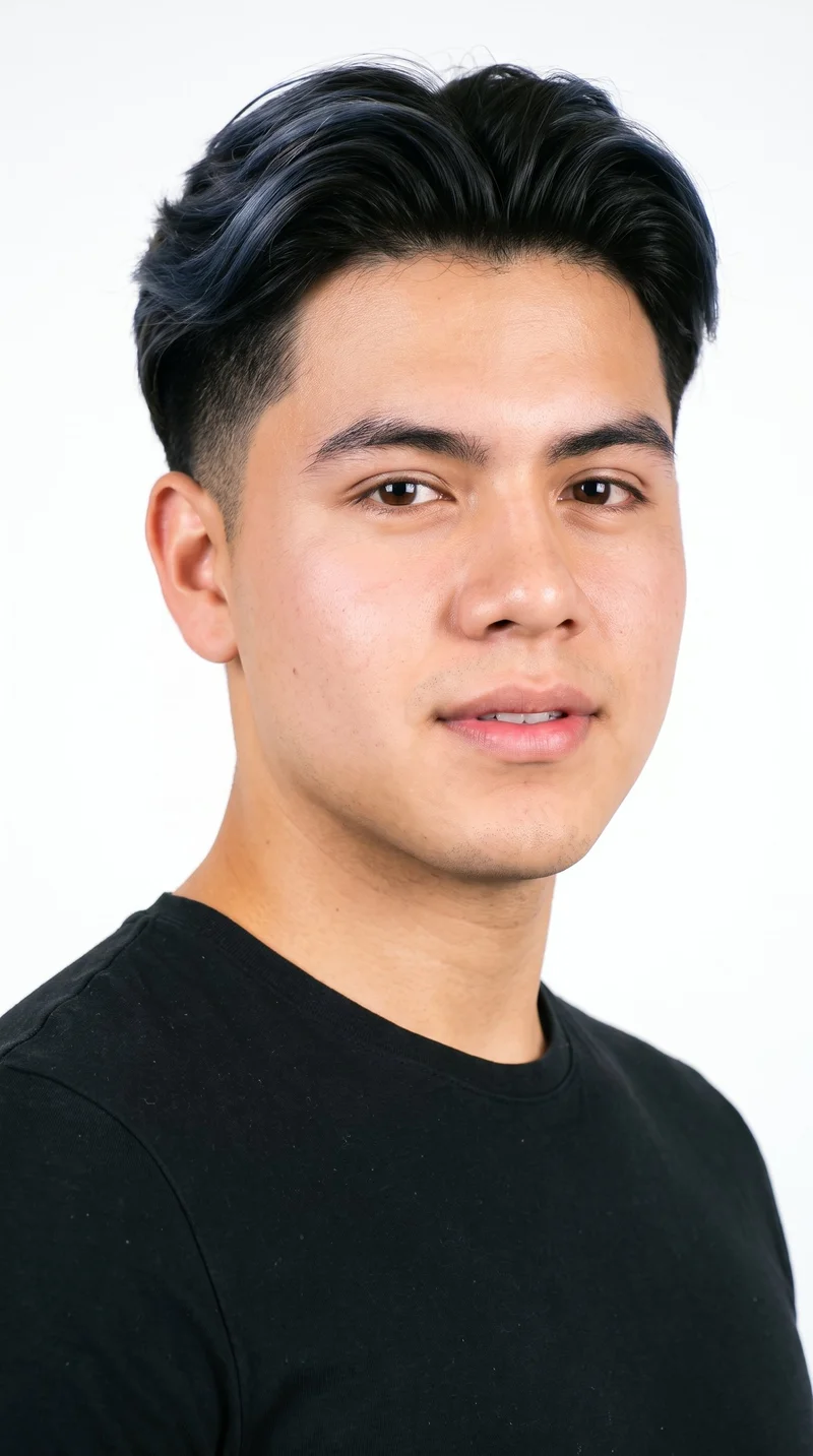 This 18-year-old Hispanic male has a light tan, fair skin tone with a warm golden undertone. His face is round, with soft, full contours, gentle curves, and few angles. He has thick eyebrows, very dark near-black eyes, and medium-sized lips. His black hair is styled in an undercut, with longer hair on top and markedly shorter sides and back. He is clean-shaven, with smooth skin across the whole face.