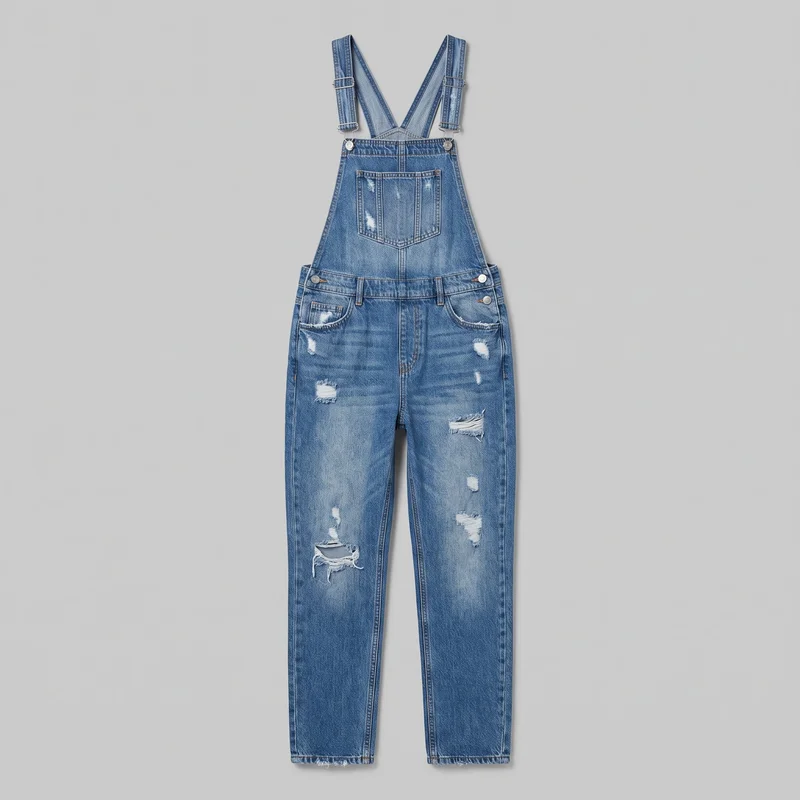 Women's distressed denim bib overalls shown laid flat in a complete front view. The garment has a high bib with adjustable shoulder straps, metal clip fasteners, a large divided patch pocket, a waistband with belt loops, side button closures, front scoop pockets with a coin pocket, straight legs, and straight hems. Multiple ripped and abraded areas are visible across the bib and legs.
