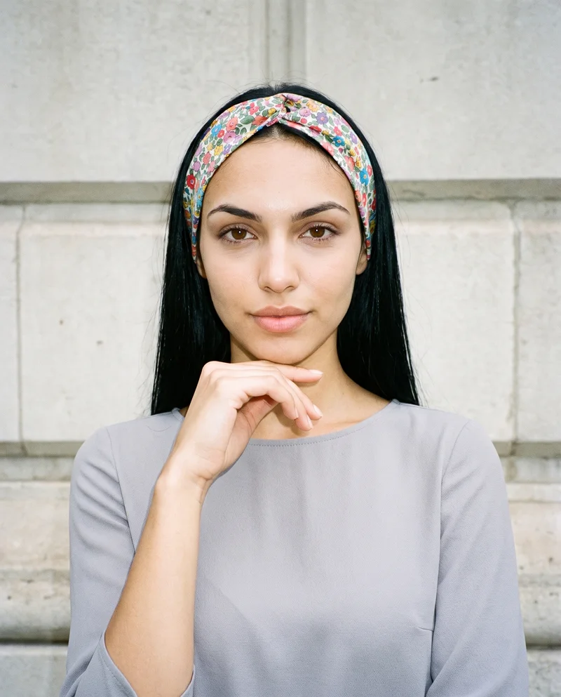 Floral Print Headband, Bust at Front, Clean Catalog lighting