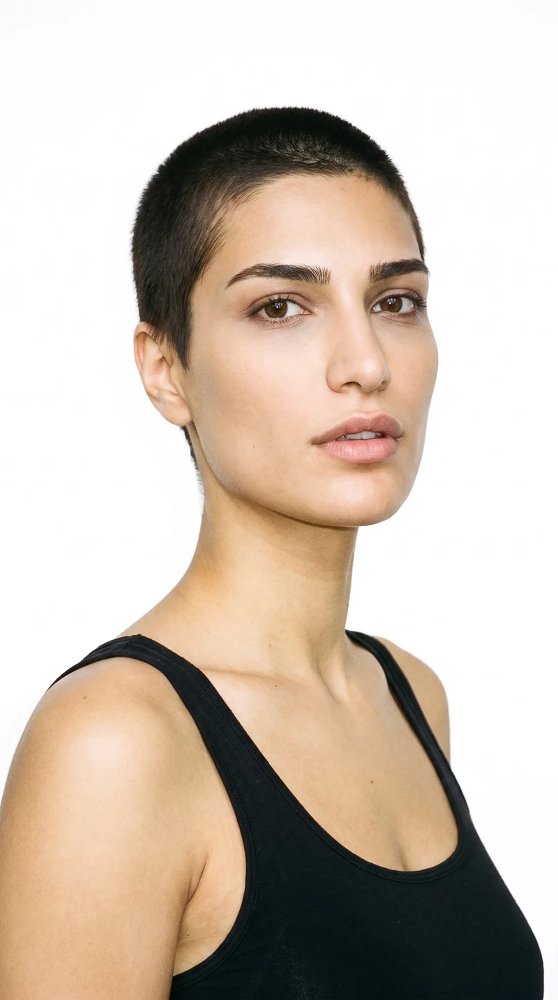 A 27-year-old Turkish woman with medium olive skin and a neutral, greenish-golden undertone. Her triangular face has a wide jaw that narrows toward the forehead, emphasizing the lower face. She has thick eyebrows, brown eyes, and full lips. Her dark-brown hair is clipped very short and evenly in a buzz cut.