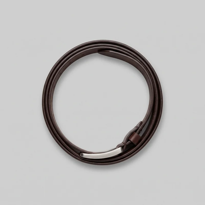 A men's brown leather belt is shown coiled into a narrow oval loop. The slim strap has rounded edges, a row of punched adjustment holes, a matching keeper loop, and a simple smooth metal buckle with a curved rectangular front bar. The folded strap construction is visible where it attaches to the buckle.