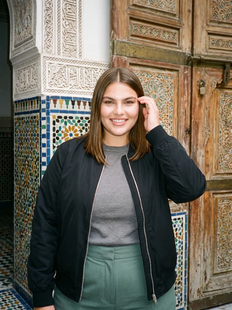 A 20-year-old Caucasian woman wears a black bomber jacket in an upper-body view. She is shown from a front three-quarter angle, smiling with one hand at her temple, against a Moroccan riad courtyard backdrop.