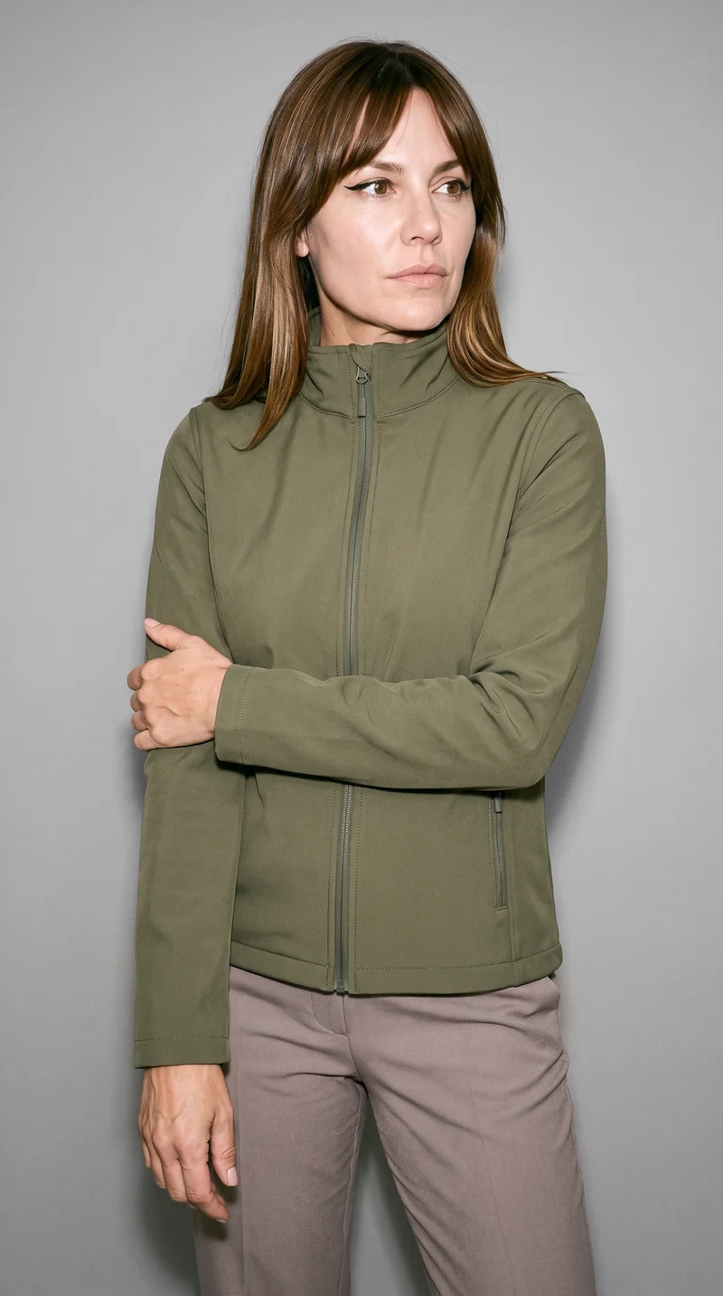 Women's Olive Softshell Jacket, Three-quarter length at Three-quarter, Clean Catalog lighting