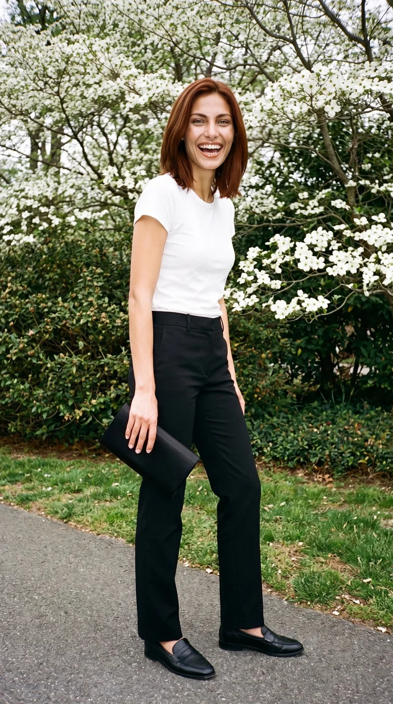A 26-year-old Caucasian woman is shown full body from an angled front view, laughing while carrying a black satin clutch by hand. A dogwood tree grove forms the backdrop.