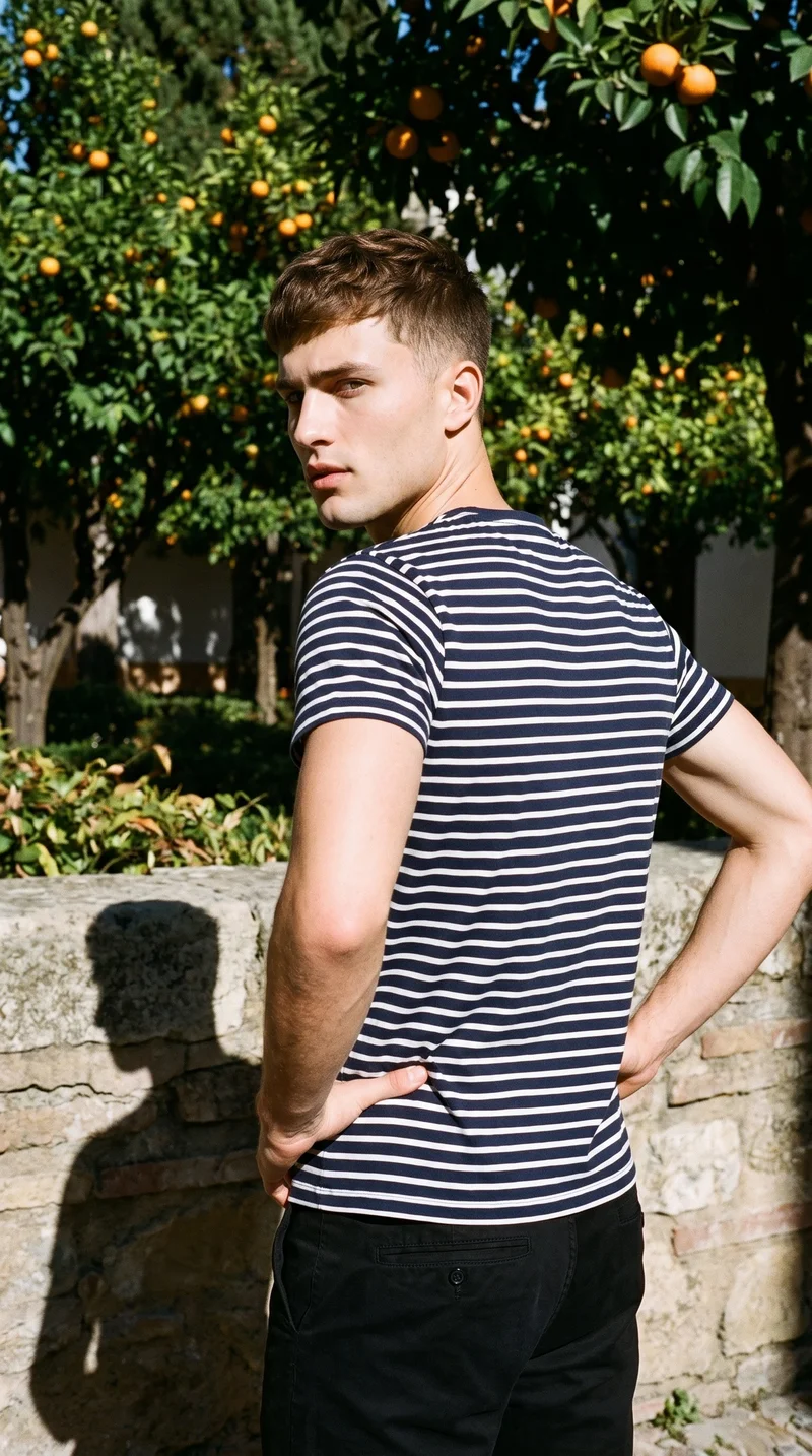 A 22-year-old Caucasian man wears a striped cotton T-shirt in an upper-body view from an angle behind him, standing with his hands on his hips. A Seville courtyard appears as the backdrop.