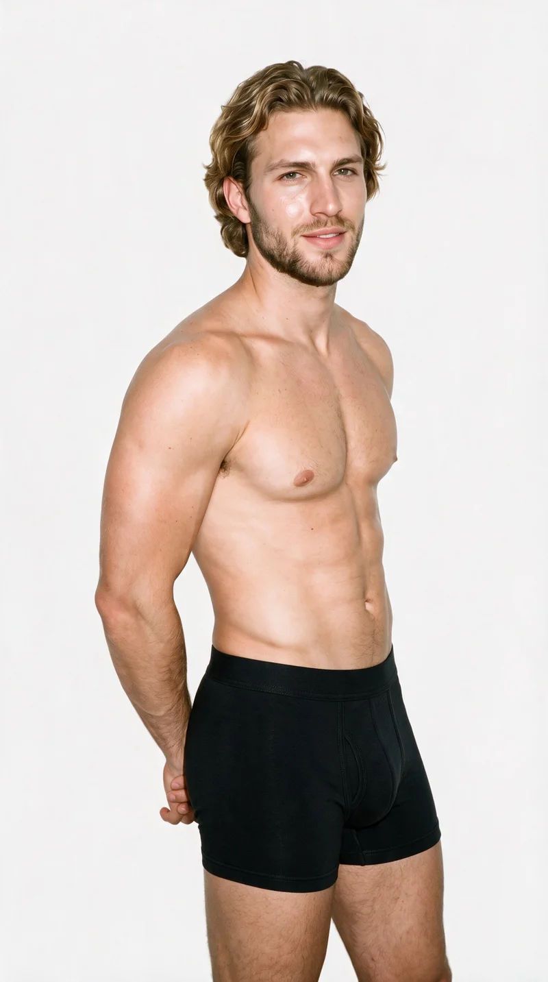 Black Trunks, Three-quarter length at Angled front, Studio Cutout lighting
