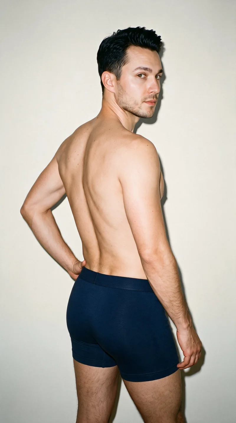 A 32-year-old Caucasian man wears navy cotton trunks in a three-quarter-length view from behind, posing with one hand on his hip. An alabaster studio-wall backdrop frames the product.