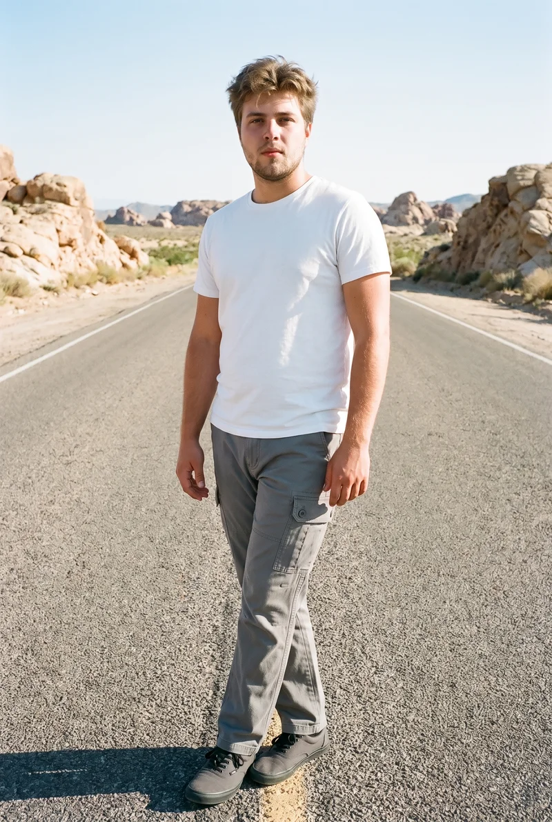 An 18-year-old Caucasian male model wears men's grey cargo pants in a full-body view from a front three-quarter angle. He stands with his ankles crossed and a neutral facial expression, against a Monument Valley Road backdrop.