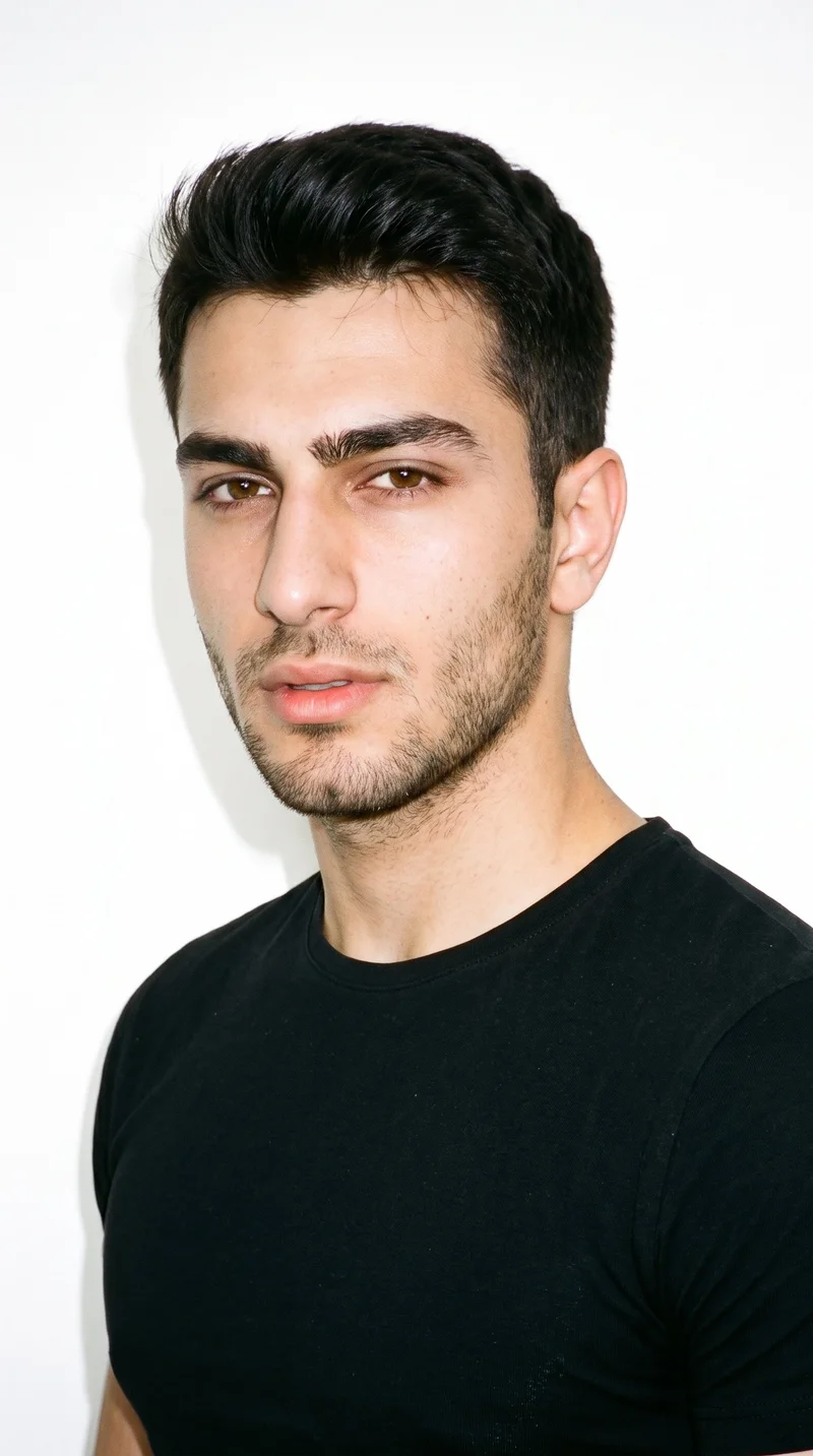 He is a 19-year-old Turkish man with a medium skin tone and warm golden undertones. His face has smooth, even, softer features in a refined, balanced structure. He has thick eyebrows, very dark near-black eyes, and medium lips. His dark-brown hair is styled in a short crew cut, tapered with slightly more length on top than at the sides. Short, even three-day beard growth adds a clearly visible, closely groomed texture.