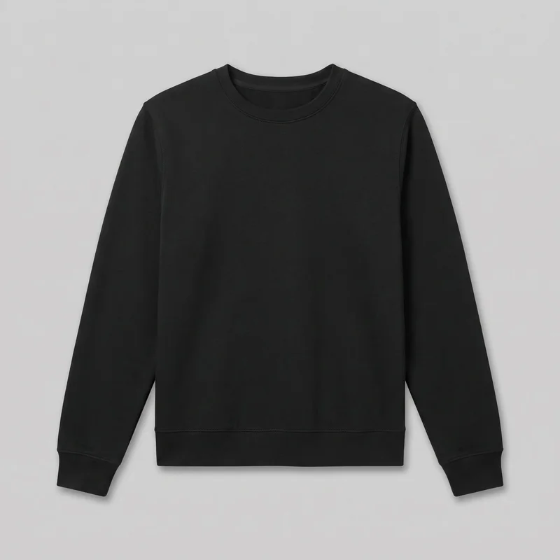 A plain black crewneck sweatshirt is shown laid flat in a complete standalone front view. It has a relaxed straight fit, a full-length body, a round ribbed neckline, set-in long sleeves with ribbed cuffs, and a straight ribbed bottom hem. Shoulder and armhole seams and subtle stitching around the neckline, cuffs, and hem are visible; no pockets, closures, logos, prints, patches, embroidery, or embellishments are shown.