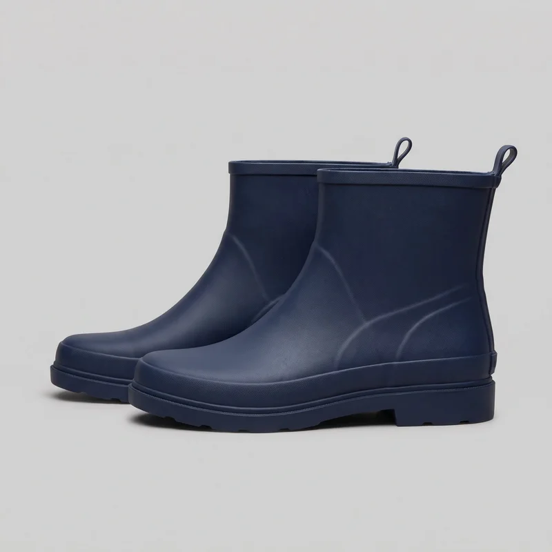 A pair of navy rubber pull-on ankle rain boots is shown as a standalone product, angled to display the outer side profiles. The boots have rounded toes, straight ankle-height shafts, raised collar bands, narrow rear pull loops, and thick lugged outsoles with low integrated block heels. Raised rands wrap around the forefoot and sides, with subtle seam lines and molded creasing at the vamp and ankle.