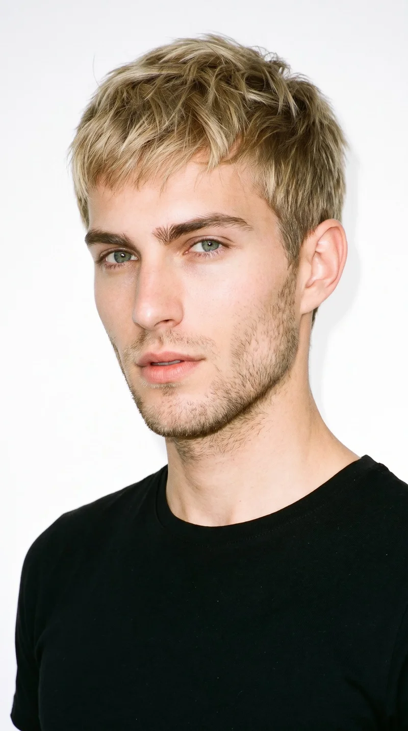 A 23-year-old Caucasian man with lightly tanned fair skin and a cool undertone. His diamond-shaped face has a narrow forehead and jaw, with the greatest width across the cheekbones. He has thick eyebrows, green eyes, medium lips, and dense heavy stubble forming a dark, defined layer across the beard area. His mid-tone blonde hair is styled in a short textured crop with layered texture on top and closely cut sides.