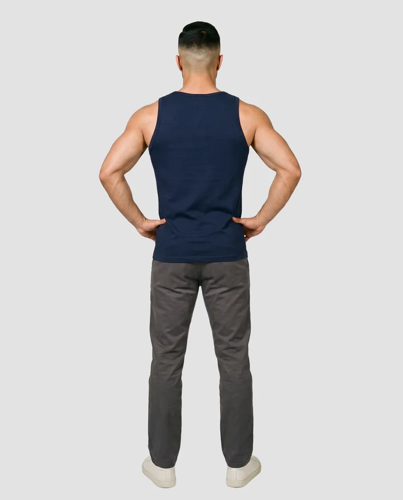 Men's Navy Blue Tank Top, Environmental at Back, Studio Cutout lighting