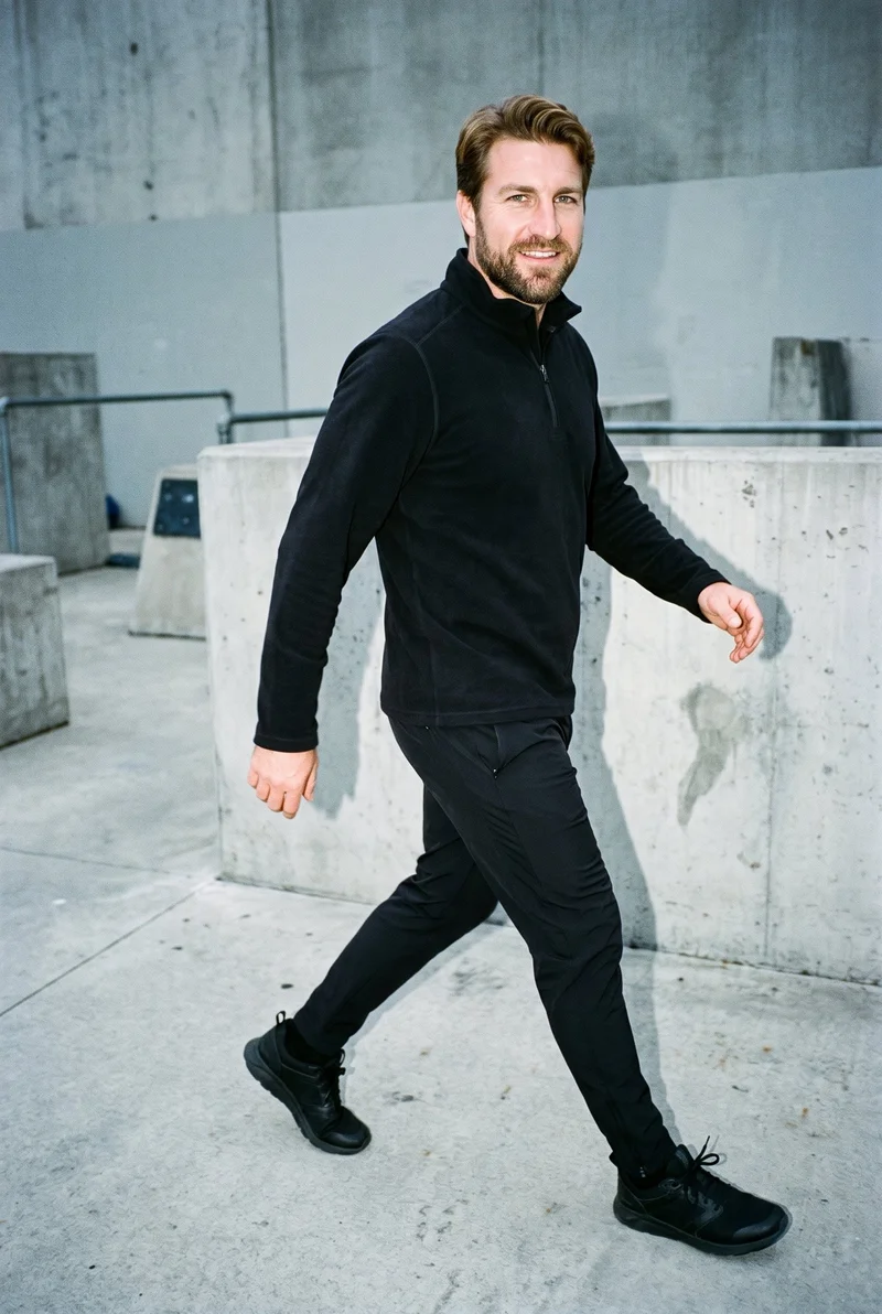 A 44-year-old Caucasian man wears a black half-zip in a full-body angled front view while walking. A parkour urban obstacles backdrop is visible behind him, and his expression is natural.