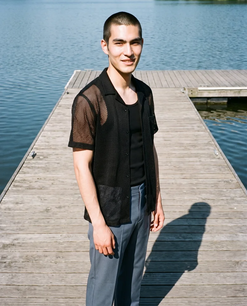 Men's Black Mesh Cover-Up, Three-quarter length at Three-quarter, Flash Editorial lighting