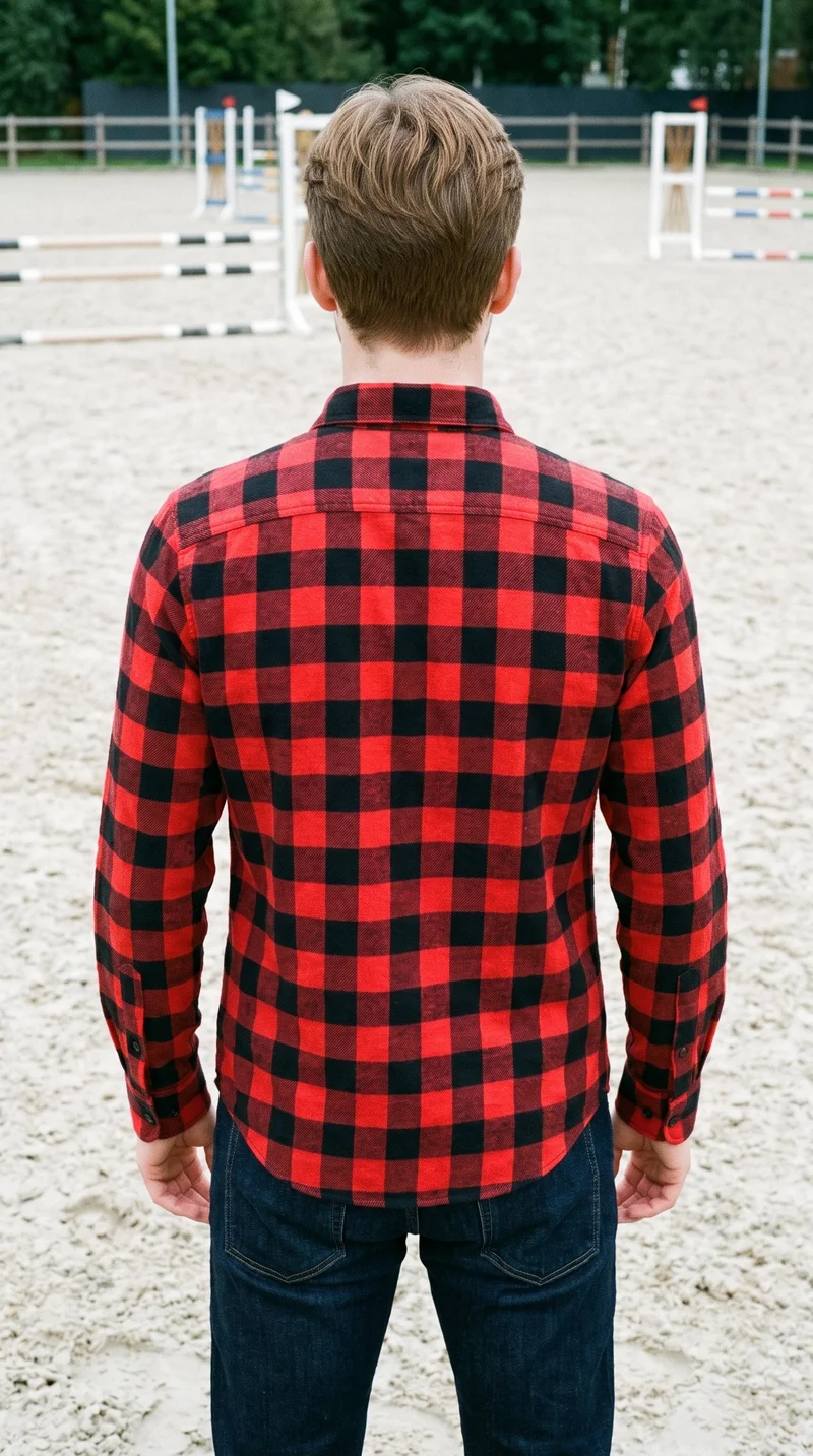 A 22-year-old Slavic man is shown from the rear in an upper-body view wearing a red check flannel shirt. His arms are relaxed, with an equestrian arena backdrop.