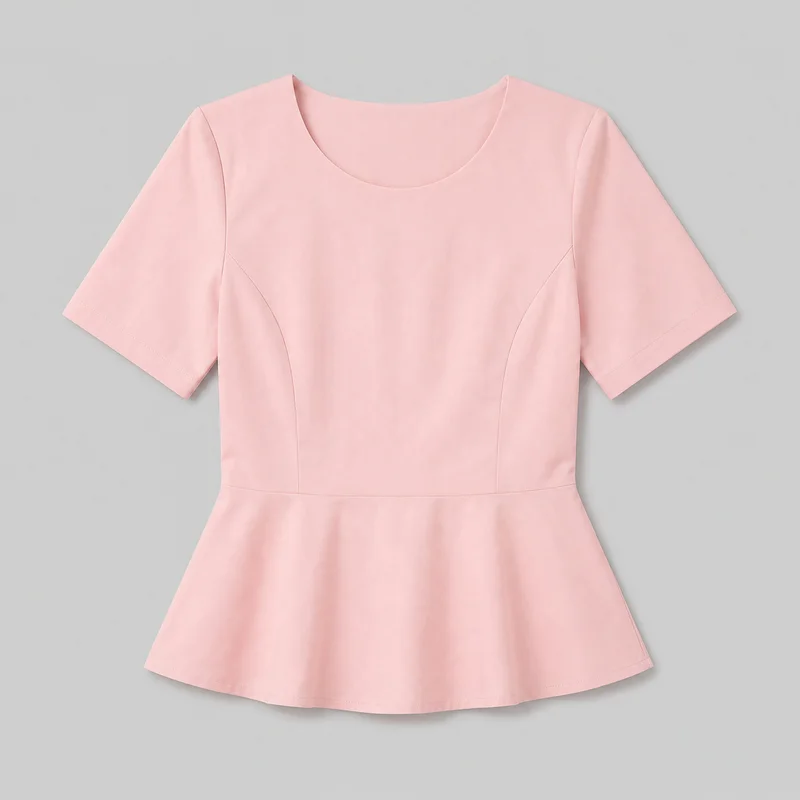 A blush pink women's short-sleeve peplum top is shown from the front against a standalone product backdrop. The top has a tailored bodice, rounded scoop neckline, visible shoulder seams, curved princess seams, a horizontal waist seam, and a flared lower peplum with a gently curved stitched hem.