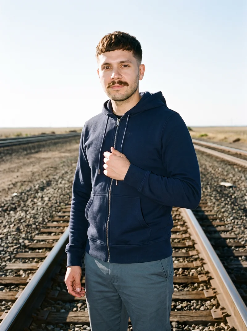 Men's Navy Zip-Up Hoodie, Upper body at Three-quarter, Clean Catalog lighting