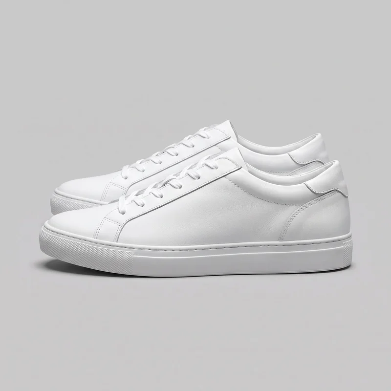 A pair of white leather low-top lace-up sneakers is shown in a side three-quarter view. The front shoe is nearly complete, with the second shoe staggered behind it; both have rounded toes, exposed tongues, low padded collars, stitched paneled uppers, heel overlays, and flat platform cupsoles.