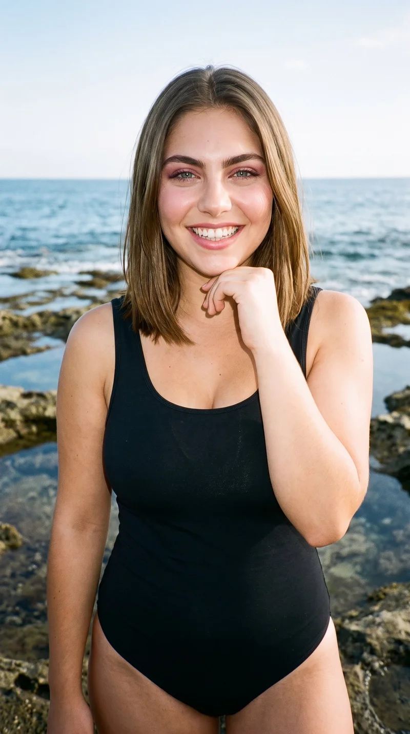 A 20-year-old Caucasian woman wearing a black one-piece swimsuit is shown from the upper body in a front-facing view. Her wrist is held at her jaw, and she is grinning, with a rocky beach backdrop.