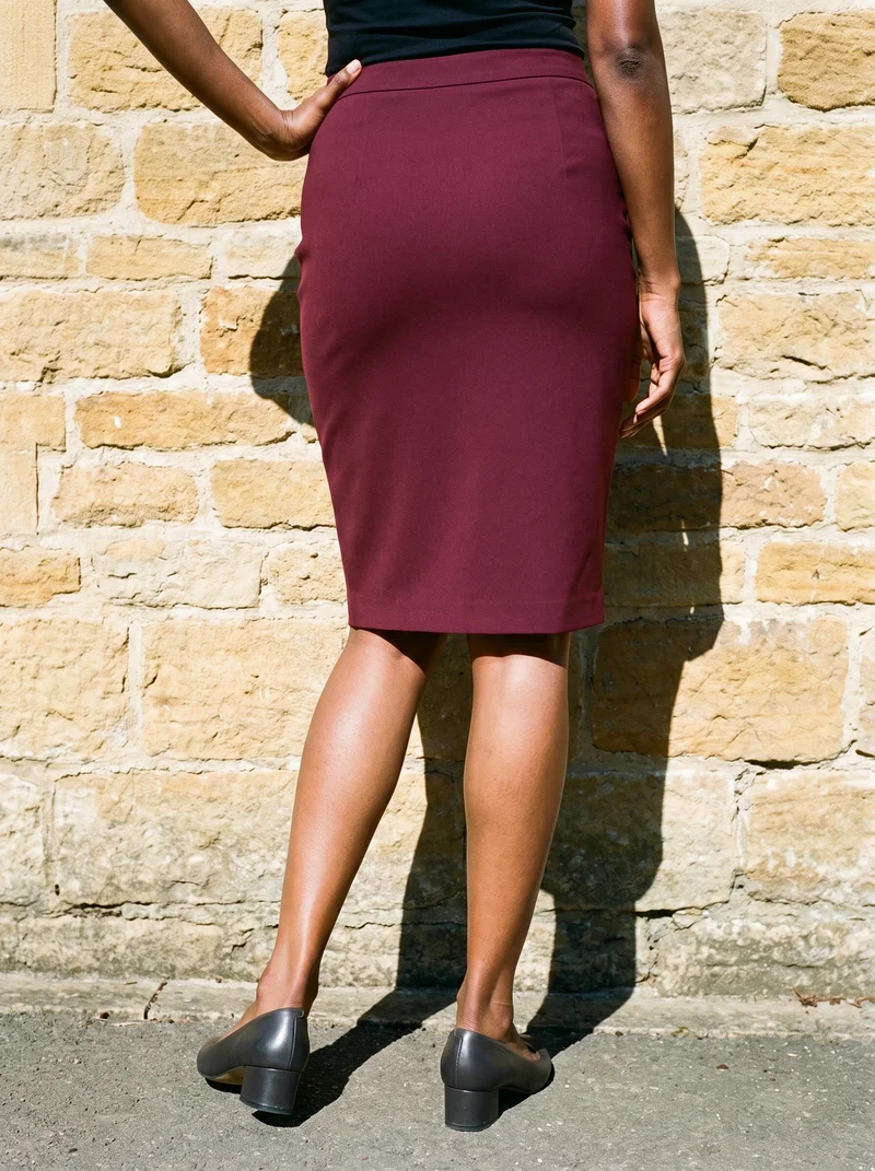 Burgundy Pencil Skirt, Lower body at Back, Flash Editorial lighting