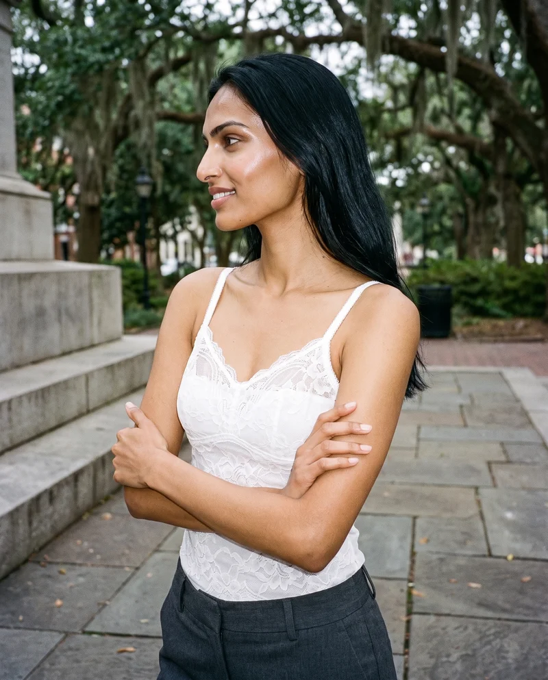 White Lace Camisole, Upper body at Side, Clean Catalog lighting