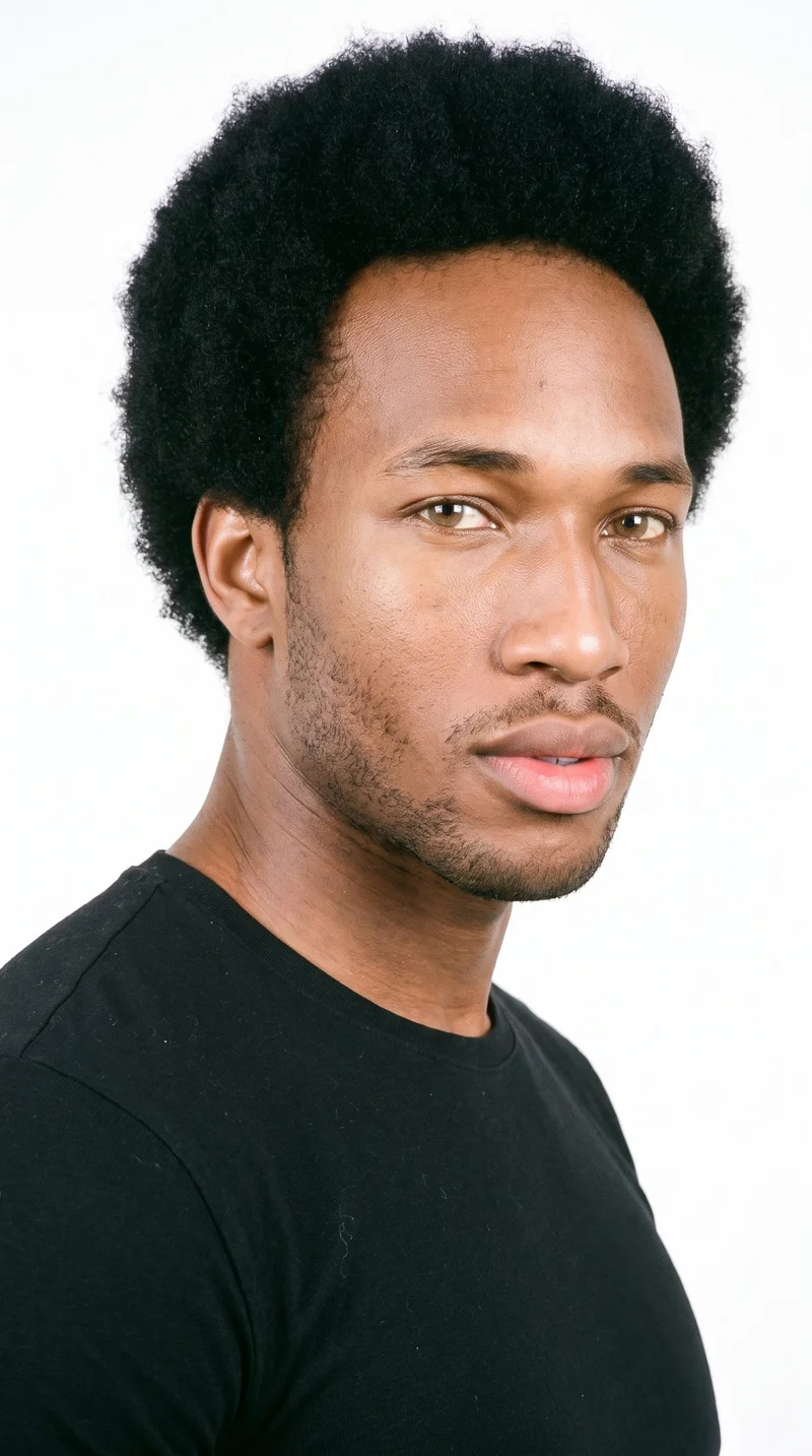 A 19-year-old African man with dark-brown skin and a neutral undertone has a long face with more length than width, a tall forehead, and elongated cheeks. His medium-thickness eyebrows frame hazel eyes with green-gold flecks, and his lips are very full. He has black hair styled in a full, rounded afro of tightly coiled strands and fine, closely trimmed stubble lightly covering the beard area.