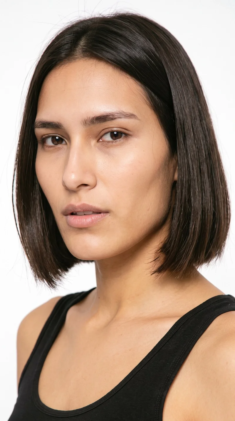 This 21-year-old Hispanic woman has a medium skin tone with a warm golden undertone. Her square face has a broad forehead and a strong, defined jaw, creating an angular, structured appearance. She has thick eyebrows, very dark near-black eyes, and thin lips. Her dark-brown hair is cut in an even bob reaching from the jaw to the chin.