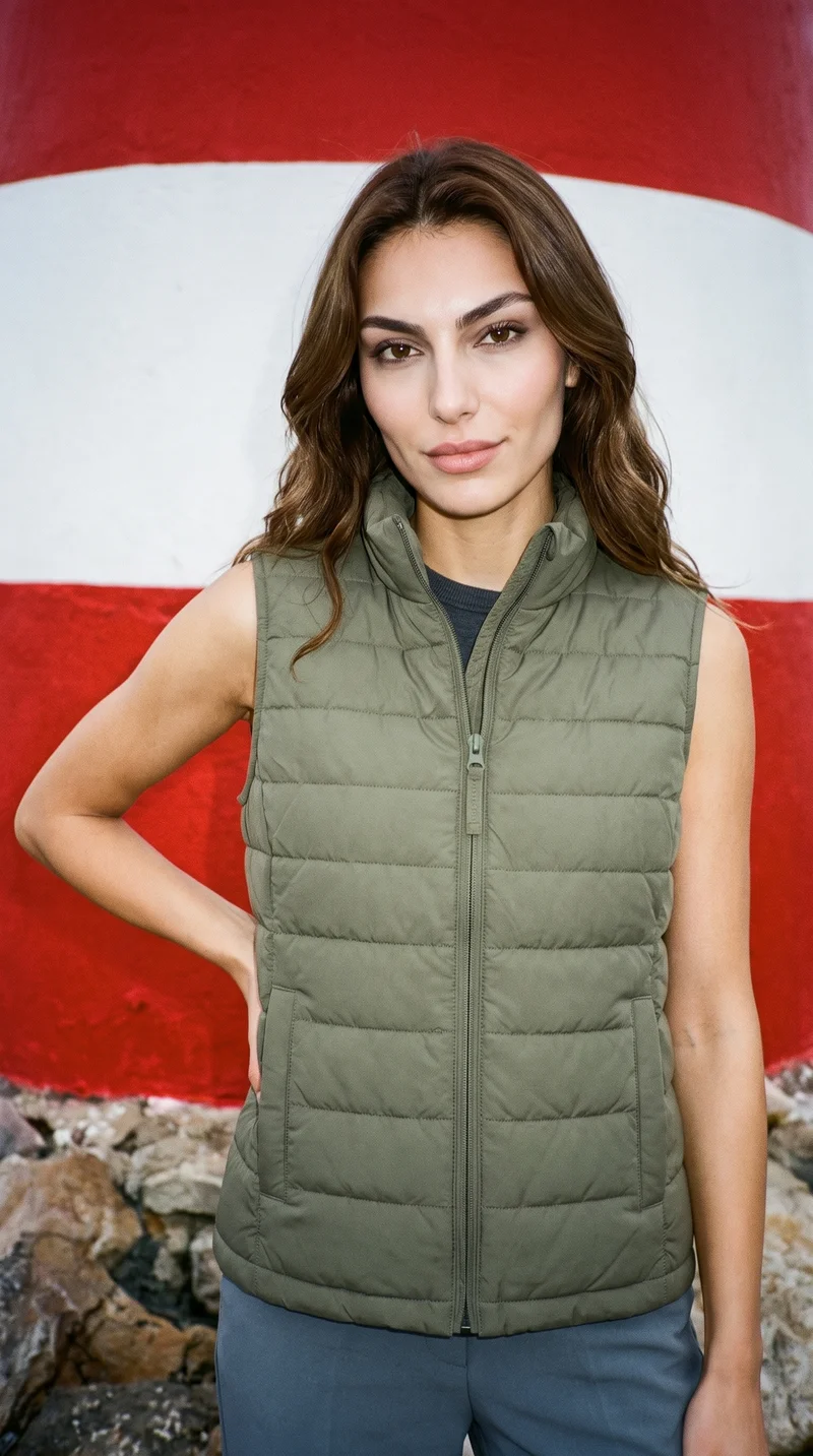 Women's Olive Gilet, Three-quarter length at Three-quarter, Clean Catalog lighting