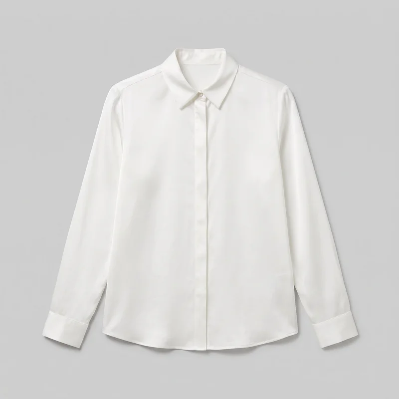 A white silk blouse is shown front-facing as a standalone product view. It has a regular straight silhouette, pointed turn-down collar, long set-in sleeves with wide straight cuffs, a covered center button placket with an exposed top button, and a gently curved shirttail hem. No pockets, logos, prints, embroidery, patches, or embellishments are visible.