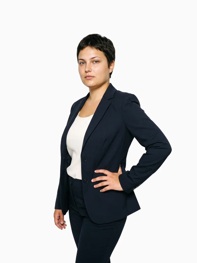 A 20-year-old Caucasian woman wears a women's navy two-piece suit against a flat Seasalt-colored backdrop. She is shown in a three-quarter-length, front three-quarter view with one hand on her waist and a neutral expression.