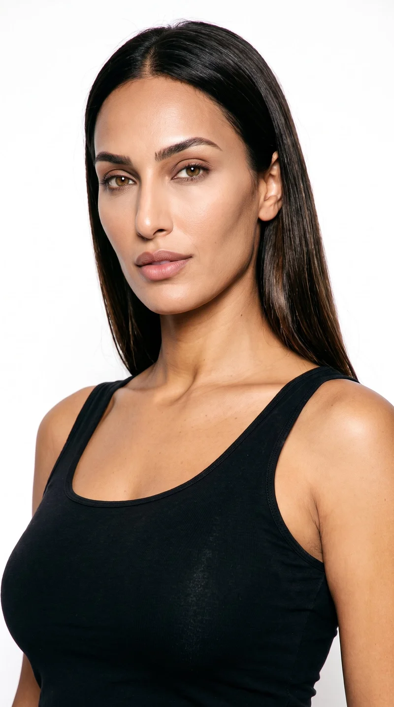 This 31-year-old Arab woman has medium-brown skin with a neutral undertone. Her face is elongated with refined features and high cheekbones, and she has medium-thickness eyebrows, hazel eyes with green-gold flecks, and full lips. Her dark-brown hair is straight, smooth, and parted evenly at the centre.