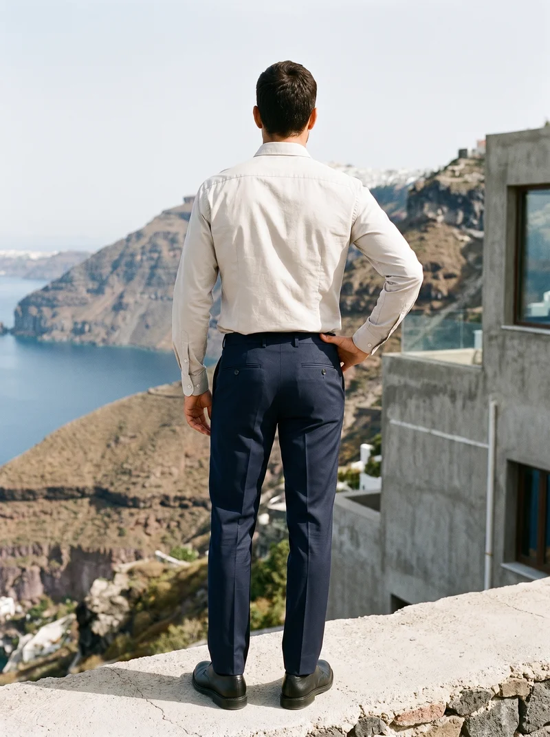 Men's Navy Wool Suit Trousers, Full body at Back, Clean Catalog lighting