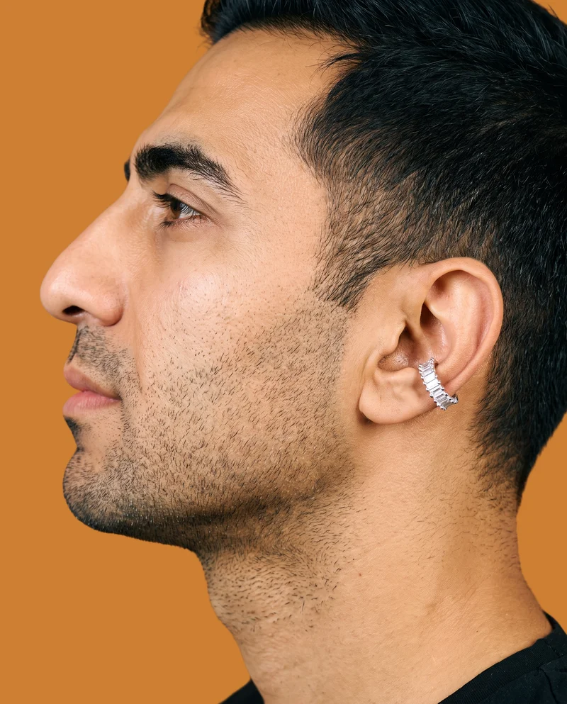 Men's Crystal Ear Cuffs, Ear at Side, Studio Cutout lighting
