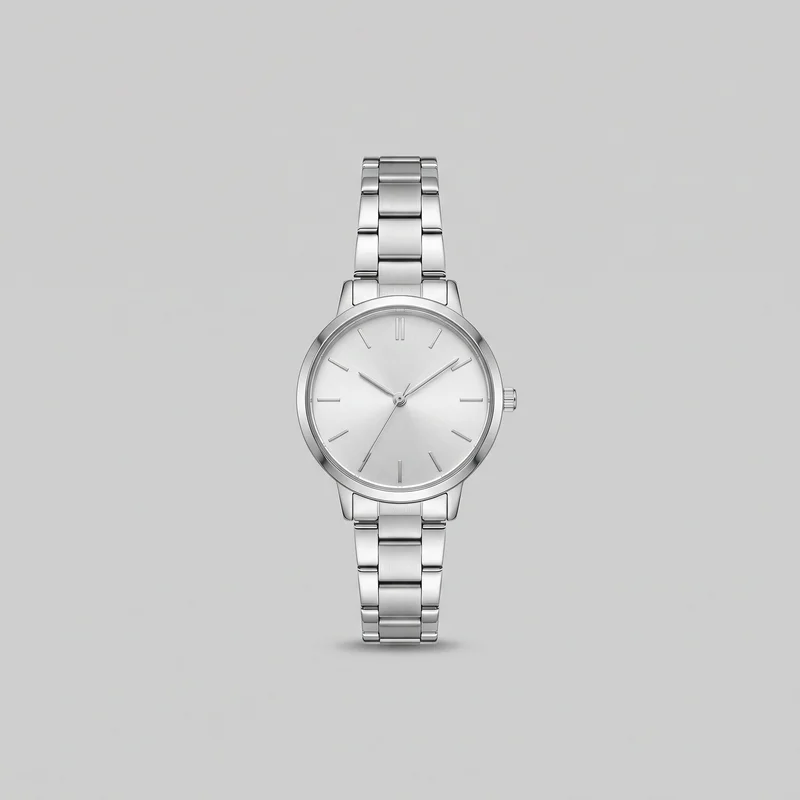 A standalone silver analogue wristwatch is shown in a straight-on full-product view. It has a round case, smooth bezel, plain dial, slim rectangular baton hour markers, three central hands including a thin seconds hand, and a ridged crown at 3 o’clock. The linked bracelet uses three-link construction with broad center links, narrower outer links, visible end links, and short lugs connecting it to the case.