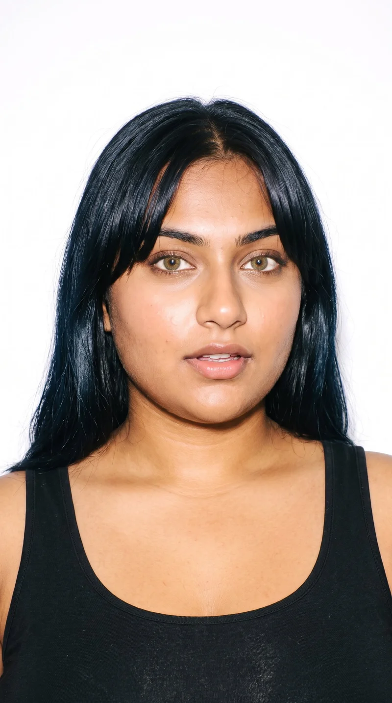 A 19-year-old Indian woman with medium-brown skin and an olive-green undertone has a soft, youthful baby-face shape with full cheeks and rounded contours. Her medium-thickness eyebrows frame hazel eyes with green-gold flecks, and she has full lips. Deep black hair is styled with longer curtain bangs parted in the centre and framing both sides of her face.