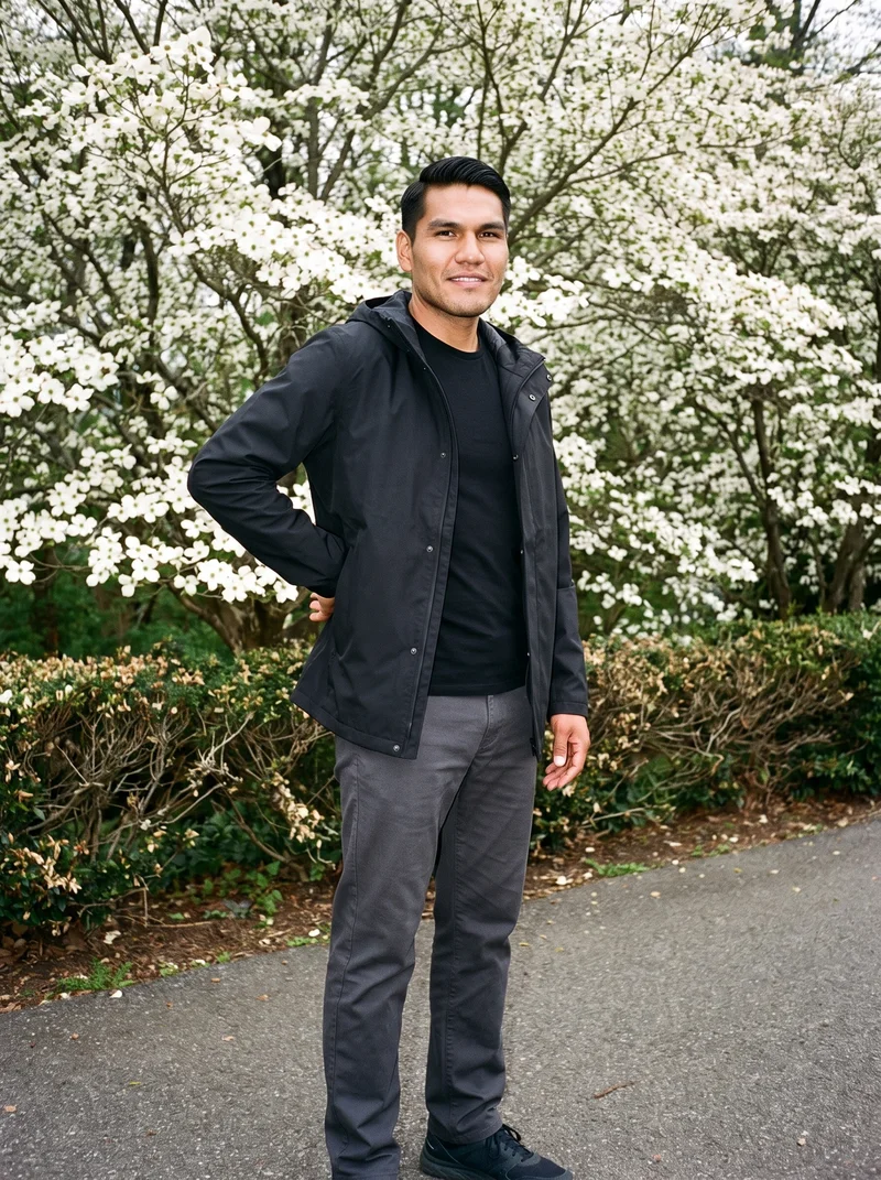 Men's Black Hooded Raincoat, Full body at Three-quarter, Natural E-Commerce lighting
