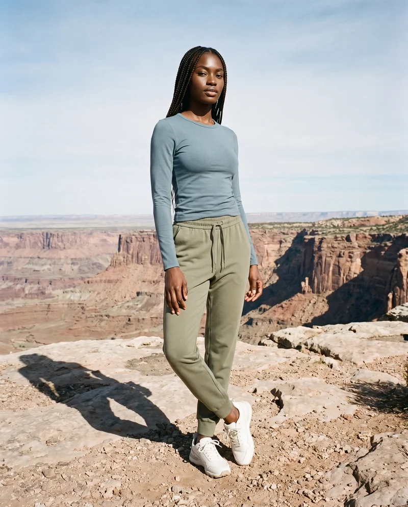 Women's Olive Cuffed Joggers, Environmental at Three-quarter, Flash Editorial lighting
