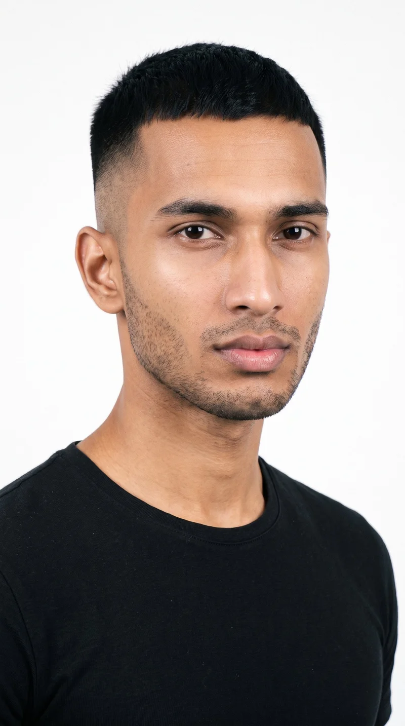 A 21-year-old Indian man with a medium, neutral-undertone complexion and a long face that is narrower than it is tall, with a tall forehead and elongated cheeks. He has medium-thickness eyebrows, brown eyes, and very full lips. His black hair is styled in a fade, tapering from longer hair on top to very short sides that blend down to the skin. Fine, closely trimmed light stubble covers the beard area.