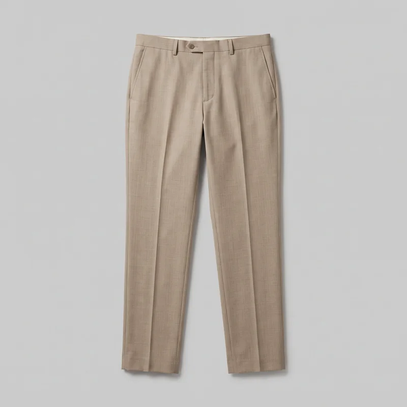 Men's beige tailored suit trousers laid flat in a complete front view. The trousers have a structured waistband with belt loops and an extended tab with a visible button closure, a fly placket, two slanted side pockets, single front pleats, full-length straight legs that taper slightly toward the hems, and pressed center creases.