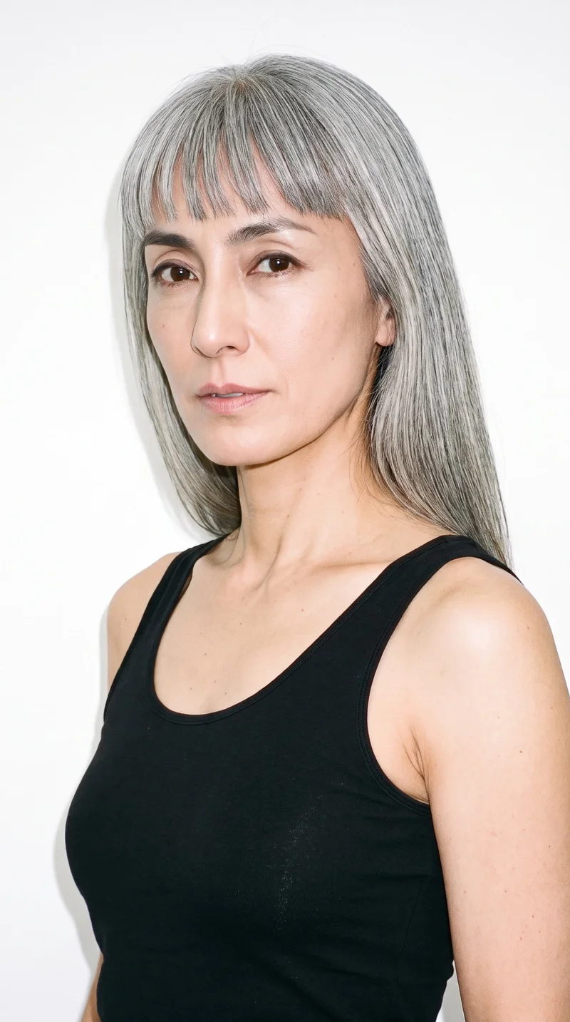 A 50-year-old Japanese woman with fair skin and a cool undertone has refined, elongated facial features and high cheekbones. Her thick eyebrows frame very dark, near-black eyes, and she has thin lips. Gray hair falls across her forehead in bangs, framing the upper part of her face.