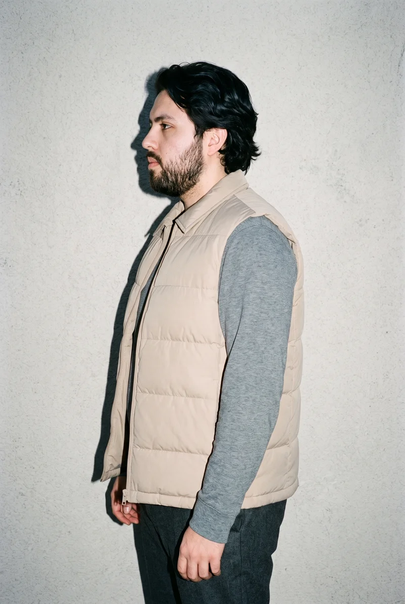 A 25-year-old Caucasian man wears a beige down gilet in an upper-body side-view composition with a dropped-shoulder pose and neutral expression. The backdrop is a penthouse terrace.
