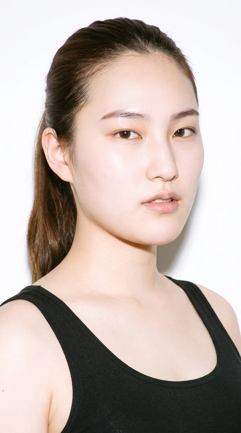 An 18-year-old Japanese woman with a light porcelain skin tone and neutral undertone has a square, angular face defined by a strong jaw and broad forehead. She has thick eyebrows, very dark near-black eyes, and thin lips. Her dark-brown hair is tied back into a ponytail with a single length falling behind her.