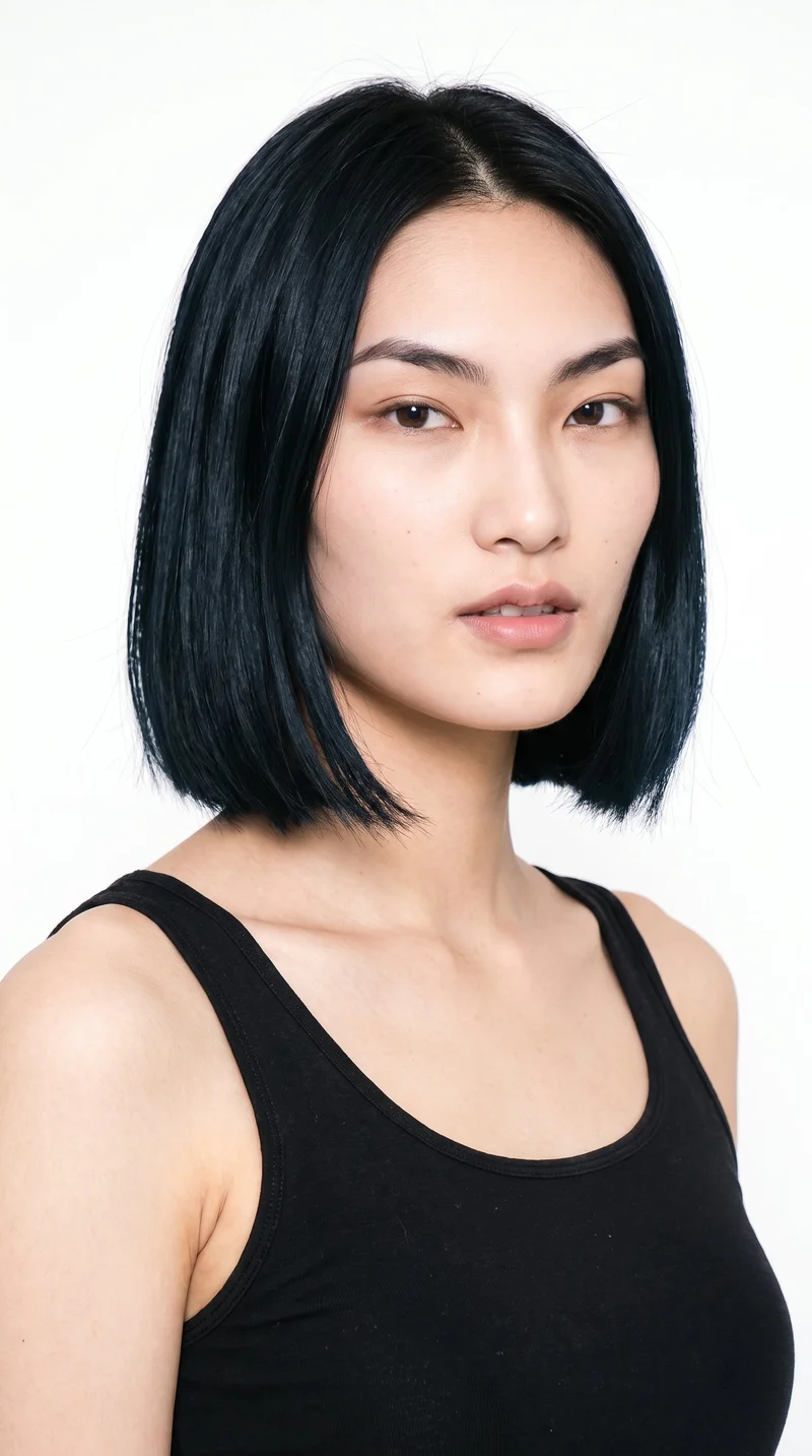 A 20-year-old Chinese woman with fair skin and a cool undertone. Her diamond-shaped face has a narrow forehead and jaw, with the greatest width at the cheekbones. She has thick eyebrows, brown eyes, and thin lips. Her deep black hair is cut in an even, structured bob reaching from the jaw to the chin.