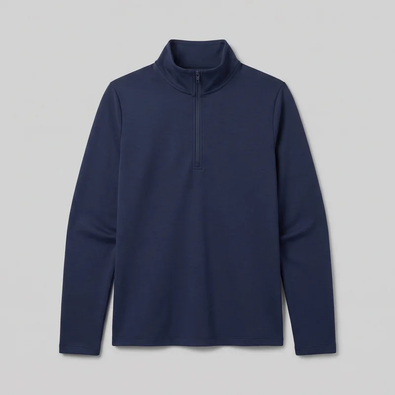 A women's navy quarter-zip mock-neck pullover is shown laid flat in a front view. The mostly complete top has a stand collar with a short center-front zipper placket, long straight sleeves, set-in shoulder seams, a full-length body, and a straight hem. Stitched edging is visible around the collar base, sleeve hems, and bottom hem; no pockets, buttons, hood, logos, prints, patches, embroidery, or embellishments are visible.